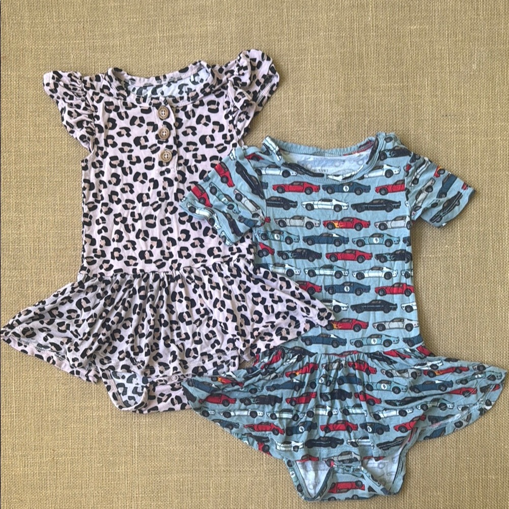 EUC set of two Posh Peanut Twirl skirt bodysuit- Leopard and Car
